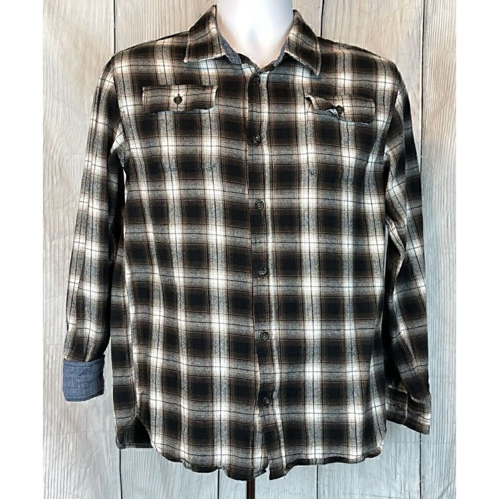 NWOT Bixby Nomad Boys XL 16-18 Long Sleeve Brown Black Plaid Button Down Shirt